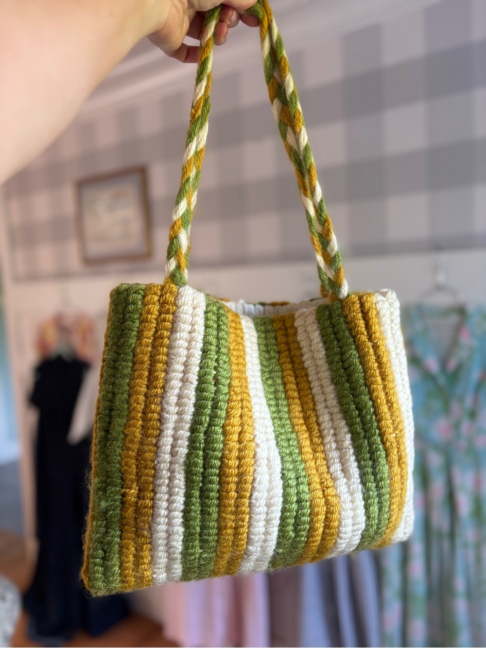 Vintage Thick Crochet Shoulder Bag in Green, Mustard & Cream Summer Beach - Picture 2 of 6